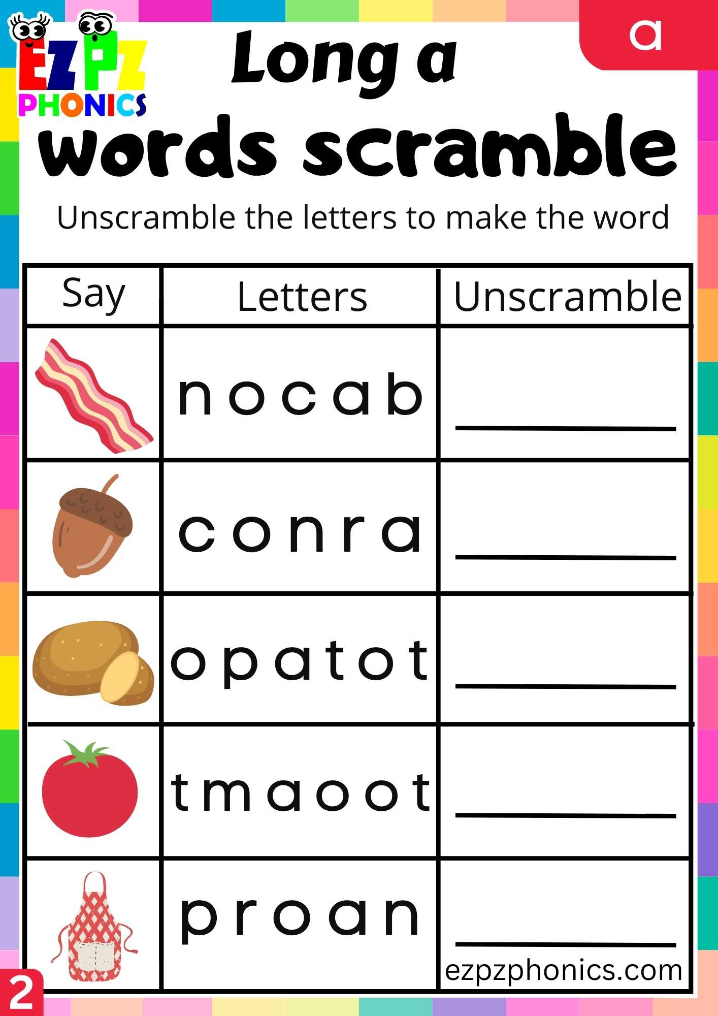 Group2 A Words Words Scramble Long A Phonics Worksheet